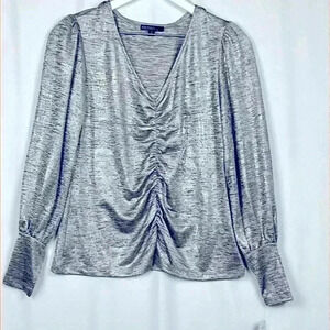 Studio Womens Top Metallic Silver S Long Sleeves Deep Cuff Center Ruching Dressy